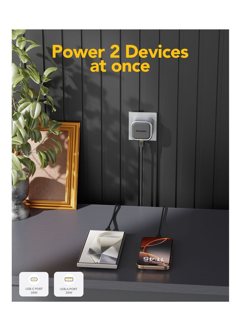 Remson - Remson Neo Power 35W Mini GaN Wall Charger QC 3.0 PD Dual Ports USB-C/ USB-A and USB-C Cable Foldable Plug with Fast Charging Indicator Compatible with iPhone, iPad, Samsung, Huawei, Xiaomi etc - Image 1