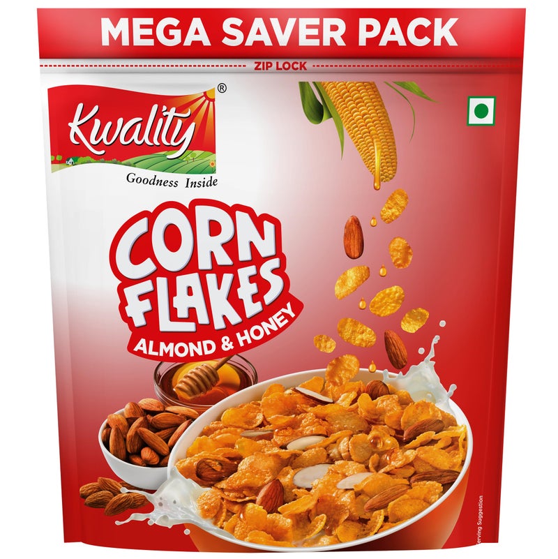 Kwality Corn Flakes with Almond & Honey 1kg | Made with Golden Corns | 99% Fat-Free | High in Protein, Zero Cholesterol | Healthy Breakfast Cereal - Image 1