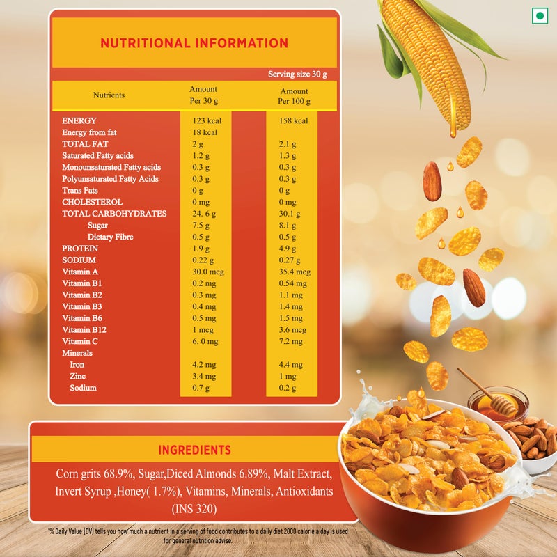 Kwality Corn Flakes with Almond & Honey 1kg | Made with Golden Corns | 99% Fat-Free | High in Protein, Zero Cholesterol | Healthy Breakfast Cereal - Image 3