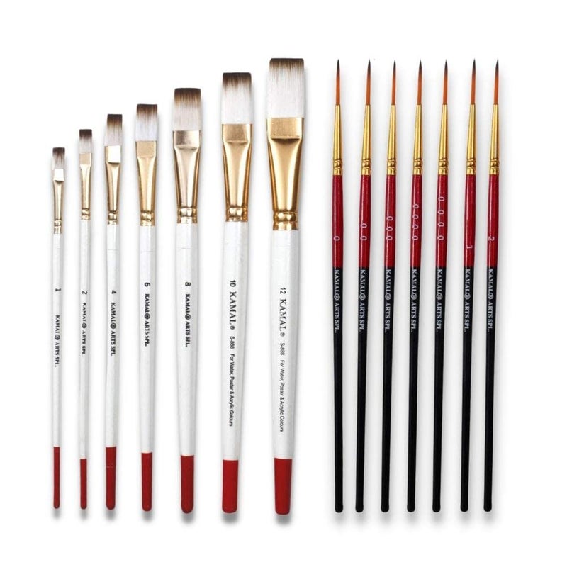 KAMAL Combo of Artist Quality Detail and Script Liner Set of 7 in Synthetic Taklon and Flat Artist Quality Painting Brush White/Set of 7 in Synthetic Taklon - Image 1