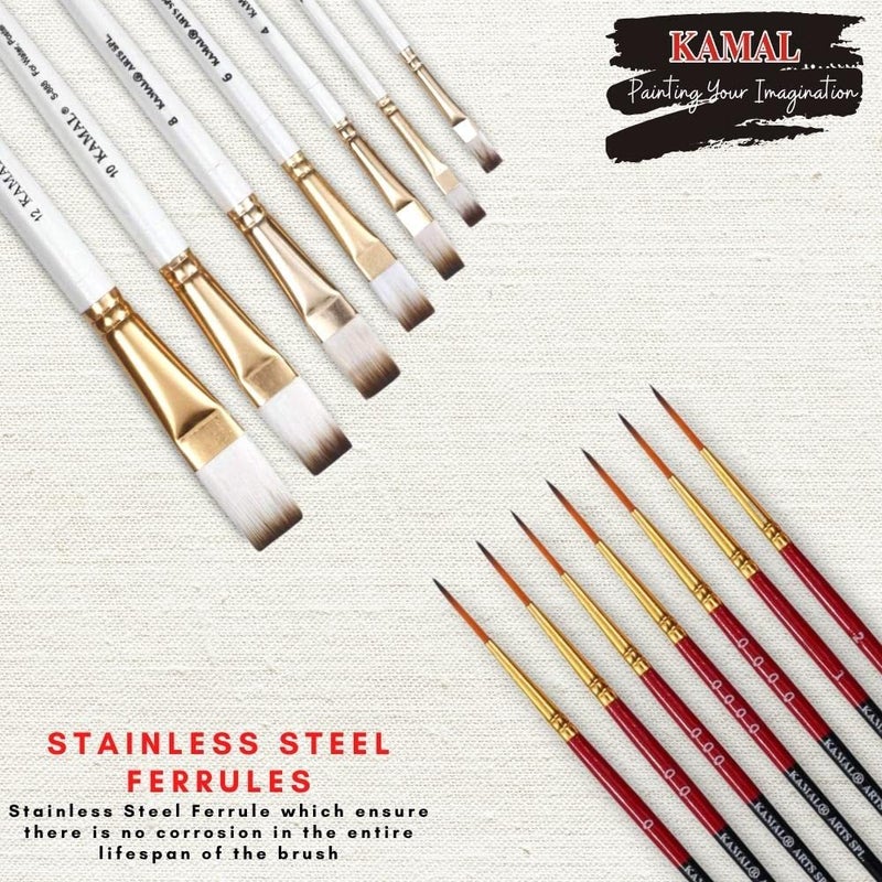 KAMAL Combo of Artist Quality Detail and Script Liner Set of 7 in Synthetic Taklon and Flat Artist Quality Painting Brush White/Set of 7 in Synthetic Taklon - Image 4