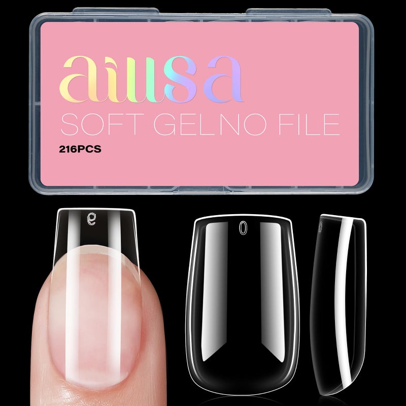 AILLSA Short Square Nails Clear Gel Nail Tips False Full Cover Soft Nails Tips for DIY Home Salon Gift Preshaped Gelly Press on Fake Nail Tip for Nail Extension 216PCS 12 Sizes