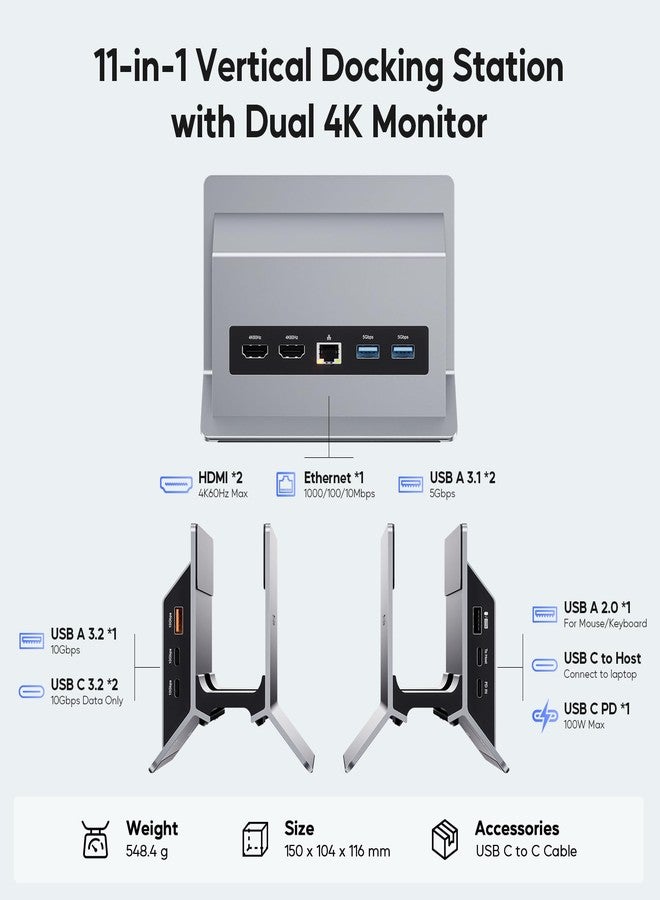 PULWTOP USB C Laptop Docking Station Dual Monitor (Grey-1) - Image 2