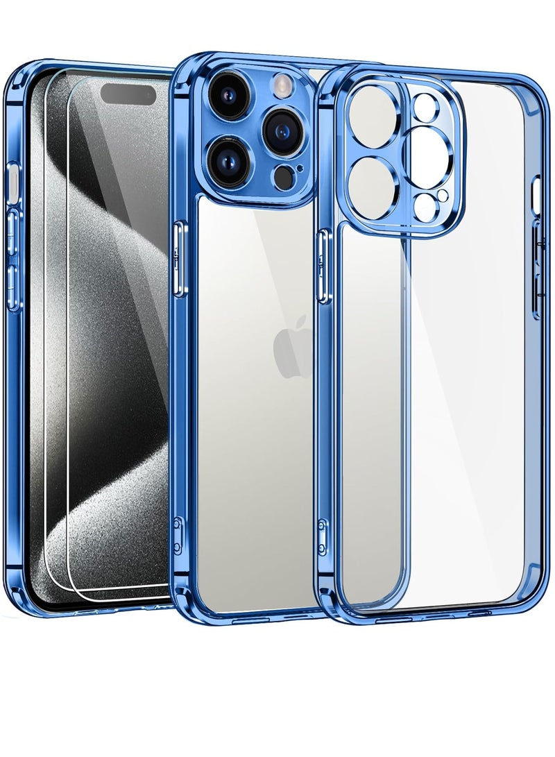 ELTRAZONE حافظة شفافة متوافقة مع آيفون 15 برو 6.1" [وضوح طويل الأمد] [حماية من السقوط بمعيار عسكري]، 1 حافظة هاتف + 2 واقي شاشة زجاجي مقسى، غلاف صلب رفيع مضاد للصدمات - أزرق فاتح - Image 1