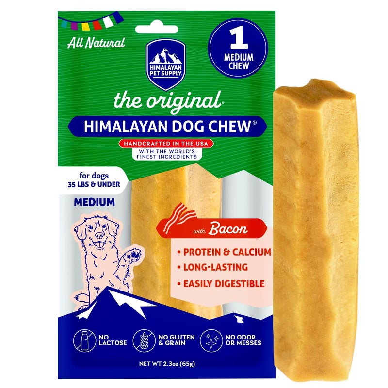 Himalayan Dog Chew Original Yak Cheese Chew, Bacon, 1 Medium Stick, 2.3 oz, Gluten Free, Healthy Treats, Grain & Lactose Free 100% Natural, Long Lasting, for Dogs Under 35 lbs - Image 1