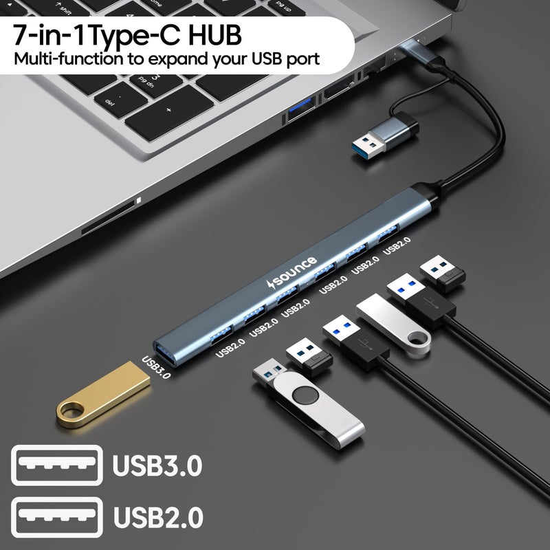 Sounce 7-in-1 USB + Type C Multiport Hub | High-Speed USB 3.0 (5Gbps) | Lightweight Aluminum Body | Universal Compatibility for Laptops, Smartphones, Tablets & PCs - Image 2
