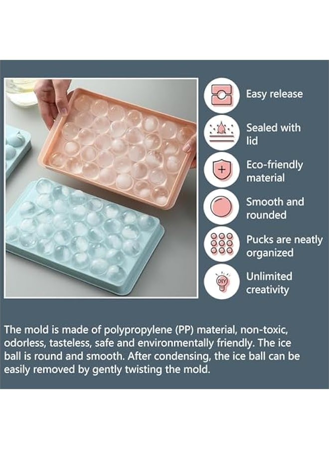 بيوينتي 4 عبوات من صواني الثلج للفريزر، 132 قطعة من صواني مكعبات الثلج مع غطاء وسلة، صواني مكعبات ثلج دائرية للفريزر، صينية مكعبات ثلج دائرية للمشروبات الباردة - Image 3