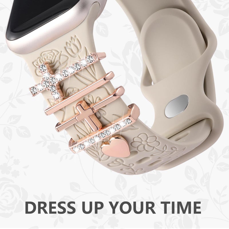 DaQin Flower Engraved Band Compatible with Apple Watch Bands for Women 40mm 38mm 41mm 42mm, Soft Silicone Strap With Dressy Decorative Apple Watch Charms for iWatch Series 11 10 9 8 7 6 5 4 3 2 1 SE - Image 3