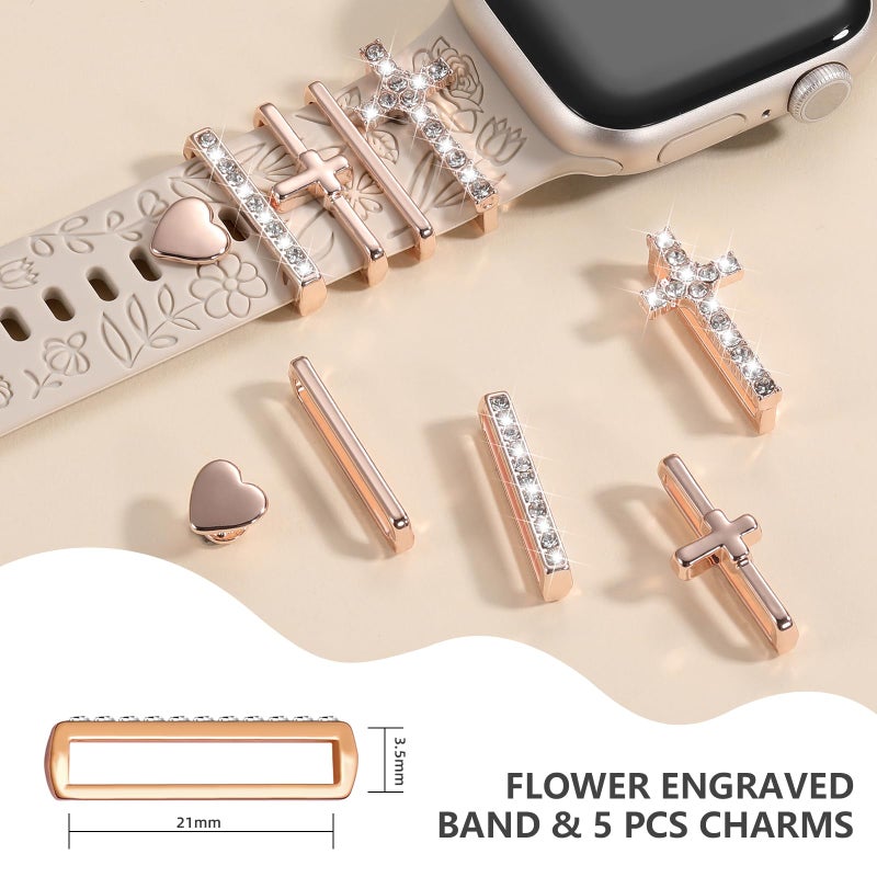 DaQin Flower Engraved Band Compatible with Apple Watch Bands for Women 40mm 38mm 41mm 42mm, Soft Silicone Strap With Dressy Decorative Apple Watch Charms for iWatch Series 11 10 9 8 7 6 5 4 3 2 1 SE - Image 4