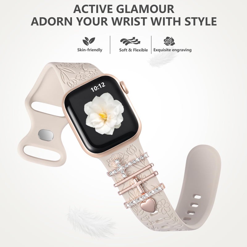 DaQin Flower Engraved Band Compatible with Apple Watch Bands for Women 40mm 38mm 41mm 42mm, Soft Silicone Strap With Dressy Decorative Apple Watch Charms for iWatch Series 11 10 9 8 7 6 5 4 3 2 1 SE - Image 5