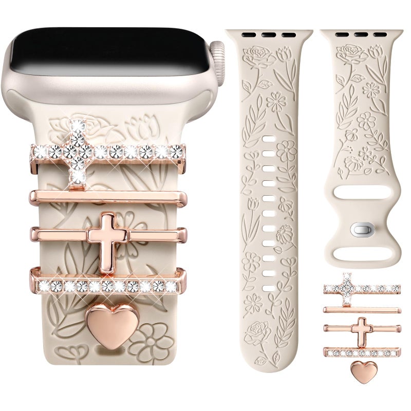 DaQin Flower Engraved Band Compatible with Apple Watch Bands for Women 40mm 38mm 41mm 42mm, Soft Silicone Strap With Dressy Decorative Apple Watch Charms for iWatch Series 11 10 9 8 7 6 5 4 3 2 1 SE - Image 1