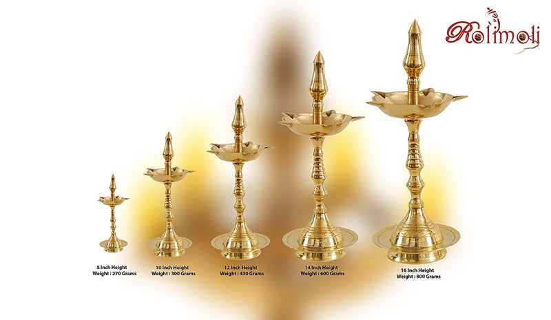 Rolimoli Pure Brass Original Traditional South Fancy Kerela Samay Diya Oil Diwali Puja Lamp, Kuthuvilakku Golden Kuthu Vilakku Ornamental Lamp (Straight Top, 8 Inch) - Image 4