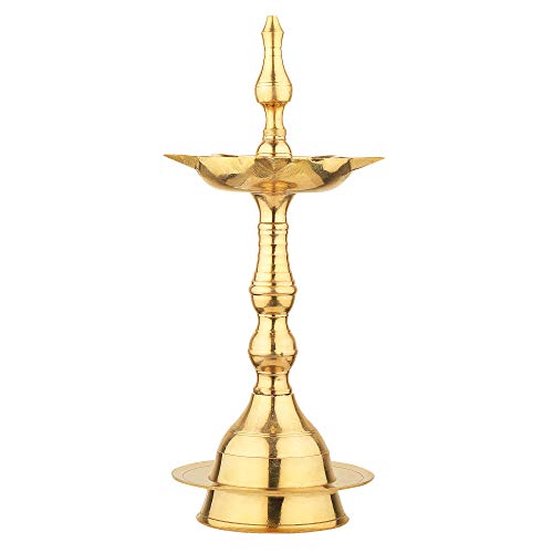 Rolimoli Pure Brass Original Traditional South Fancy Kerela Samay Diya Oil Diwali Puja Lamp, Kuthuvilakku Golden Kuthu Vilakku Ornamental Lamp (Straight Top, 8 Inch) - Image 1