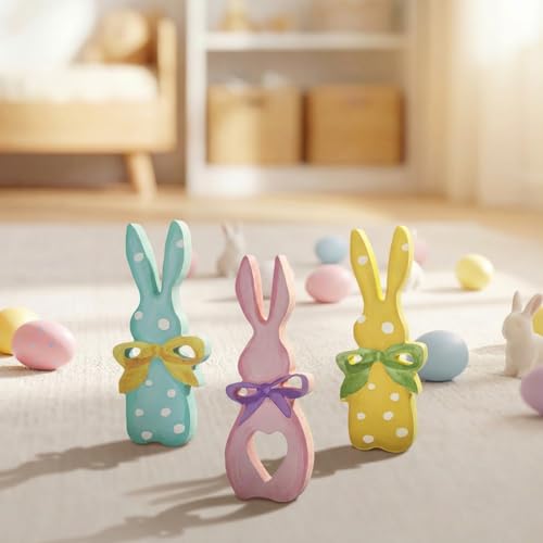 Sm:)e Smile Wooden Easter Bunny Block Decor Set - 3-Piece Pastel Polka Dot Bunny with Bow Design, Tabletop Shelf Accents for Spring Holiday Home Decoration - Image 5
