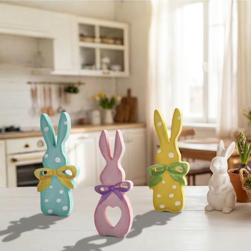 Sm:)e Smile Wooden Easter Bunny Block Decor Set - 3-Piece Pastel Polka Dot Bunny with Bow Design, Tabletop Shelf Accents for Spring Holiday Home Decoration - Image 3