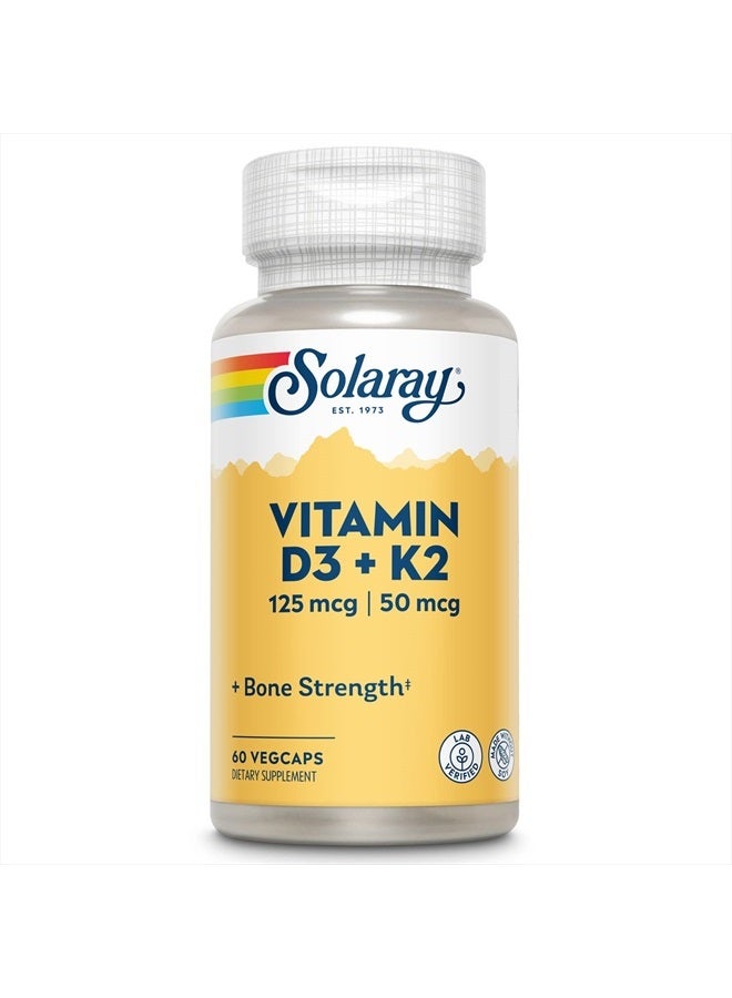 Solaray Vitamin D3 K2, K2 D3 Vitamin Supplement for Calcium Absorption, Bone Strength, Cardiovascular & Immune Function Support, Made Without Soy, 60-Day Guarantee, 60 Servings, 60 VegCaps  - Image 1
