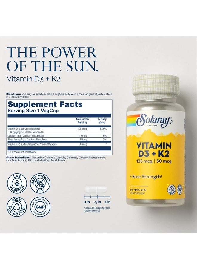 Solaray Vitamin D3 K2, K2 D3 Vitamin Supplement for Calcium Absorption, Bone Strength, Cardiovascular & Immune Function Support, Made Without Soy, 60-Day Guarantee, 60 Servings, 60 VegCaps  - Image 2