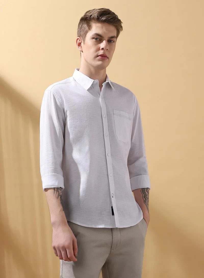 Dennis Lingo Men's White 100% Cotton Textured Button Down Regular FiT-Shirt