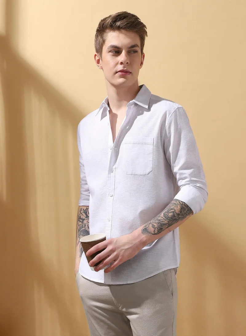 Dennis Lingo Men's White 100% Cotton Textured Button Down Regular FiT-Shirt