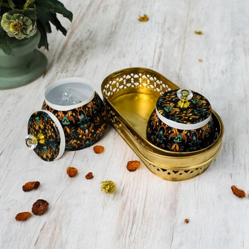 COOPTIC Elegant Dual Jar Set with Decorative Golden Basket | Handcrafted Iron Holder Featuring Traditional Art | Ideal for Kitchen Storage, Gifts & Festive Home Décor (Black-Design) - Image 2