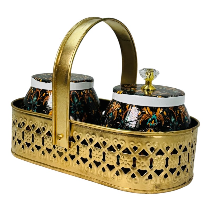 COOPTIC Elegant Dual Jar Set with Decorative Golden Basket | Handcrafted Iron Holder Featuring Traditional Art | Ideal for Kitchen Storage, Gifts & Festive Home Décor (Black-Design) - Image 4