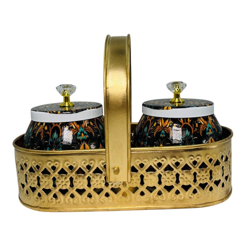 COOPTIC Elegant Dual Jar Set with Decorative Golden Basket | Handcrafted Iron Holder Featuring Traditional Art | Ideal for Kitchen Storage, Gifts & Festive Home Décor (Black-Design) - Image 3