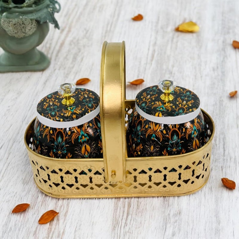 COOPTIC Elegant Dual Jar Set with Decorative Golden Basket | Handcrafted Iron Holder Featuring Traditional Art | Ideal for Kitchen Storage, Gifts & Festive Home Décor (Black-Design) - Image 1