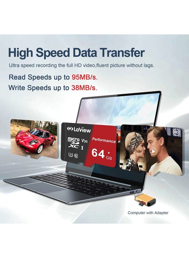 LaView 64GB Micro SD Card 2 Pack, Micro SDXC UHS-I Memory Card – 95MB/s,633X,U3,C10, Full HD Video V30, A1, FAT32, High Speed Flash TF Card P500 for Computer with Adapter/Phone/Tablet/PC  - Image 2
