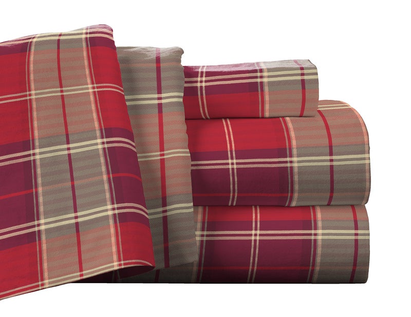 Pointehaven Flannel Deep Pocket Set with Oversized Flat Sheet, Twin, Piedmont Plaid - Image 1