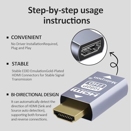 Malarpon Hdmi Edid Emulator Passthrough 3rd Generrtion Aluminum fit Headlesskeep The EDID of The Monitor Active Switches and Extenders 1920x1080@59Hz 1P - Image 3