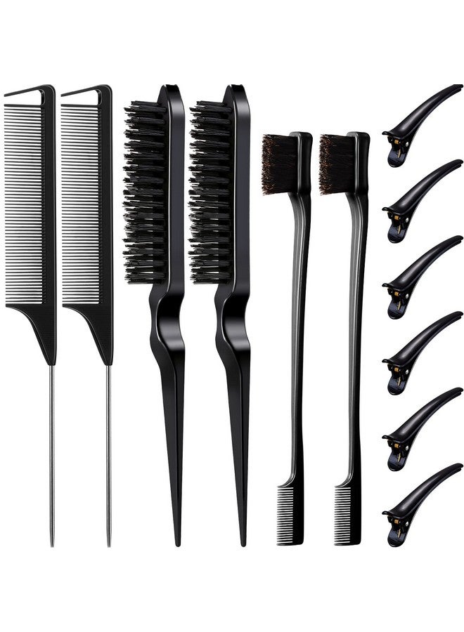 Remerry 12 Pieces Hair Brush Set Nylon Teasing Hair Brushes 3 Row Salon Teasing Brush Double Sided Hair Edge Brush Smooth Comb Grooming Rat Tail Combs With Duckbill Clips For Women Girls (Black) - Image 1