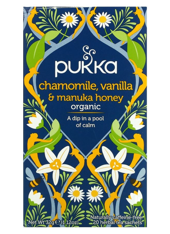 Pukka Herbs Organic Herbal Tea Chamomile Vanilla & Manuka Honey Caffeine Free 20  Sachets 1.12 oz (32 g) 