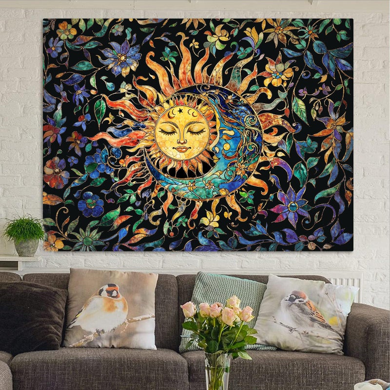 Aipon Sun and Moon Tapestry for Bedroom Boho Hippie Floral Wall Tapestry Aesthetic Vintage Stained Glass Plant Small Tapestries Wall Hanging for Living Room Dorm 48 x 36 Inch - Image 4