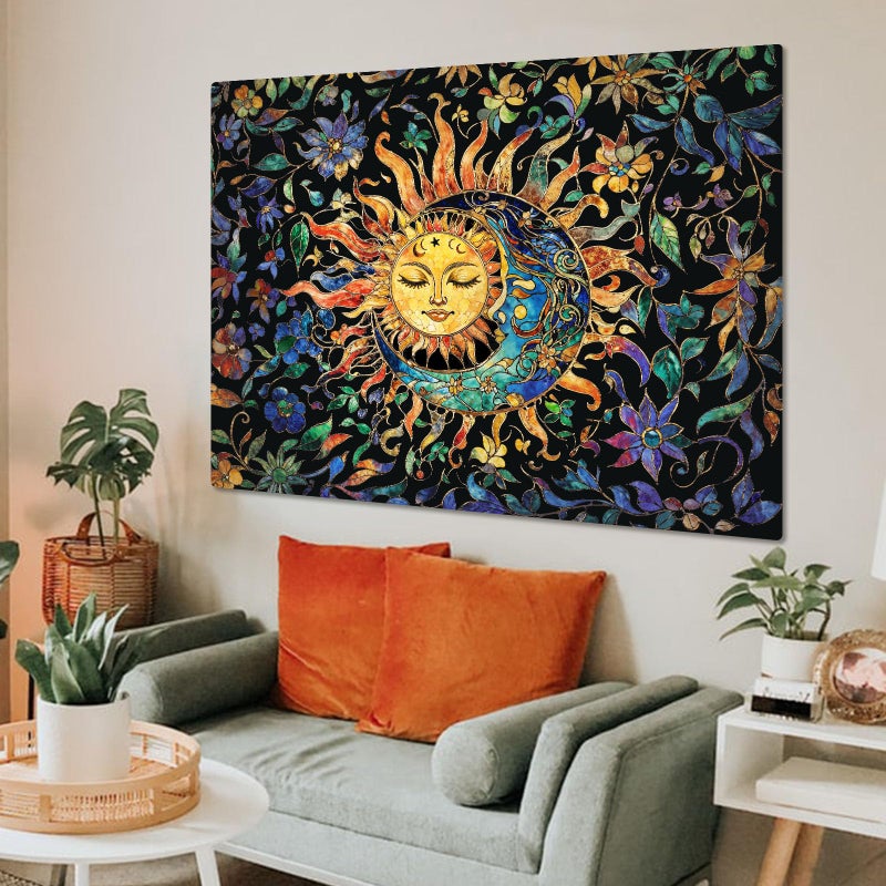 Aipon Sun and Moon Tapestry for Bedroom Boho Hippie Floral Wall Tapestry Aesthetic Vintage Stained Glass Plant Small Tapestries Wall Hanging for Living Room Dorm 48 x 36 Inch - Image 5