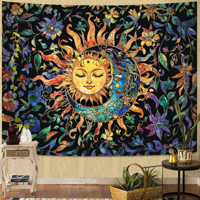 Aipon Sun and Moon Tapestry for Bedroom Boho Hippie Floral Wall Tapestry Aesthetic Vintage Stained Glass Plant Small Tapestries Wall Hanging for Living Room Dorm 48 x 36 Inch - Image 1