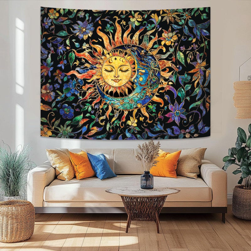 Aipon Sun and Moon Tapestry for Bedroom Boho Hippie Floral Wall Tapestry Aesthetic Vintage Stained Glass Plant Small Tapestries Wall Hanging for Living Room Dorm 48 x 36 Inch - Image 2