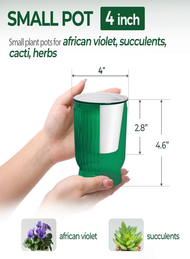 T4U Self Watering Plant Pots, 4 Inch Small Plant Pots, Self Watering Planter with Deep Reservoir, Plastic Flower Pots for All House Plants, Flowers, African Violets, 4 Pack,Transparent Green - Image 2
