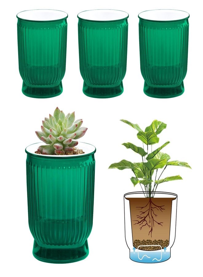T4U Self Watering Plant Pots, 4 Inch Small Plant Pots, Self Watering Planter with Deep Reservoir, Plastic Flower Pots for All House Plants, Flowers, African Violets, 4 Pack,Transparent Green - Image 1