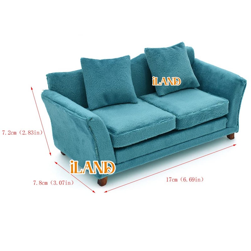 iLAND Modern Dollhouse Furniture on 112 Scale of Miniature Sofa for Dollhouse Living Room Turquoise Blue Velvet - Image 3