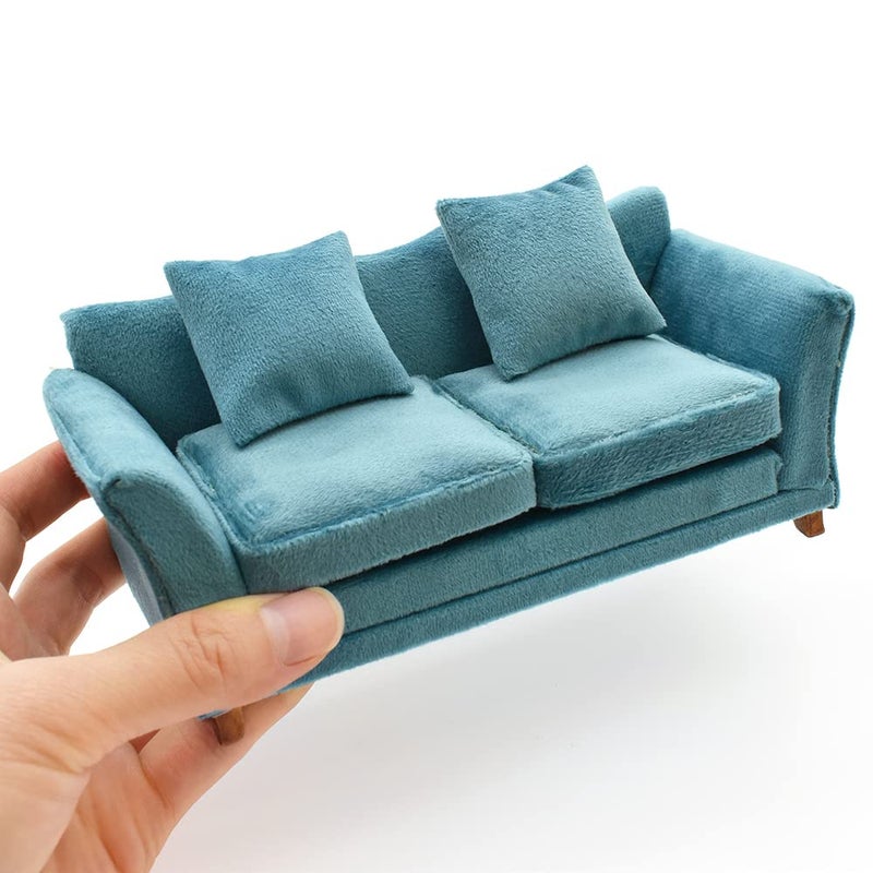 iLAND Modern Dollhouse Furniture on 112 Scale of Miniature Sofa for Dollhouse Living Room Turquoise Blue Velvet - Image 2