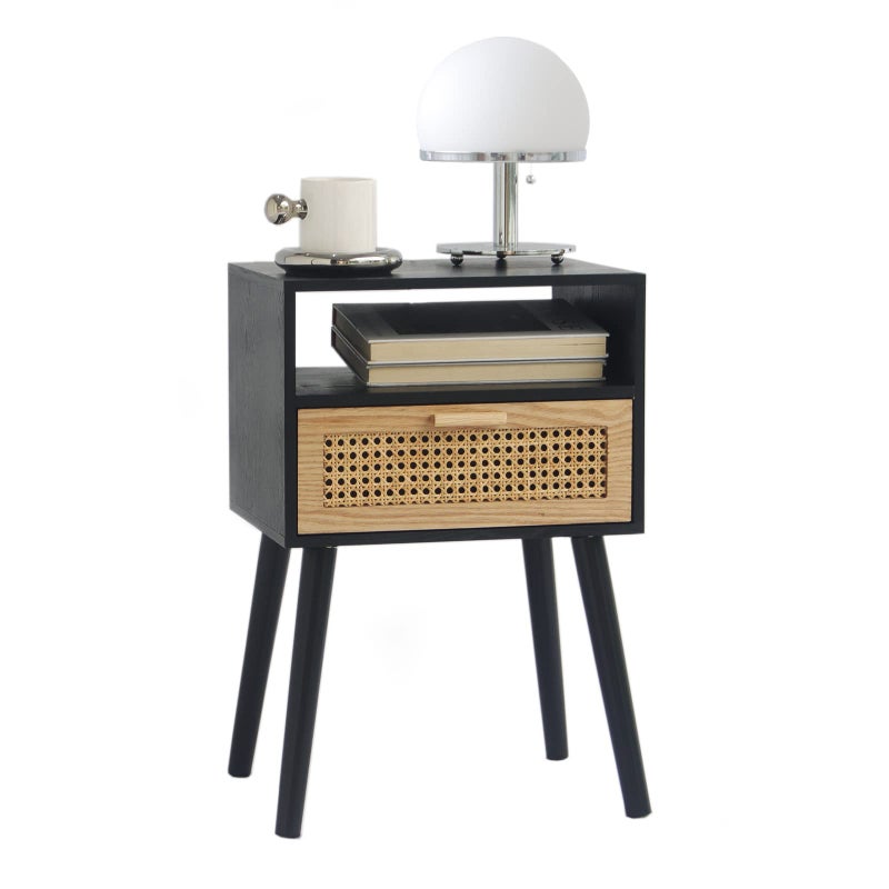 MaxSmeo End Table with Storage Mid Century Nightstand with Rattan Drawer and Shelf Wood Small Side Coffee Table for Small Space Living Room and Bedroom Easy Assembly Black