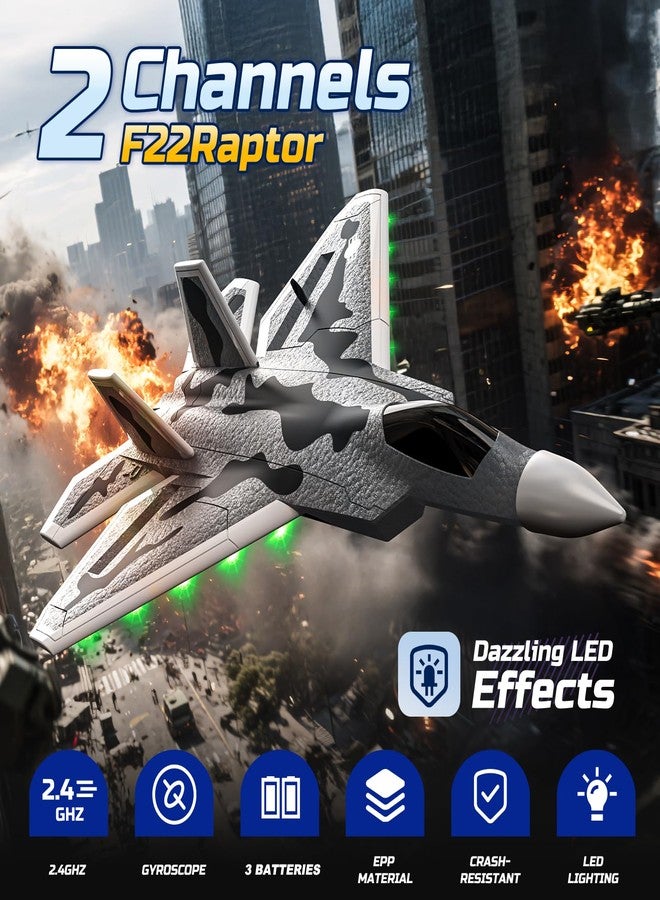 DEERC 2CH F22 Raptor RC Plane with Lights,Remote Control Airplane Fighter Toys,2.4GHz 6-axis Gyro Stabilizer RTF Glider Aircraft Jet Plane with 3 Batteries,Easy to Fly for Boys Adults - Image 5