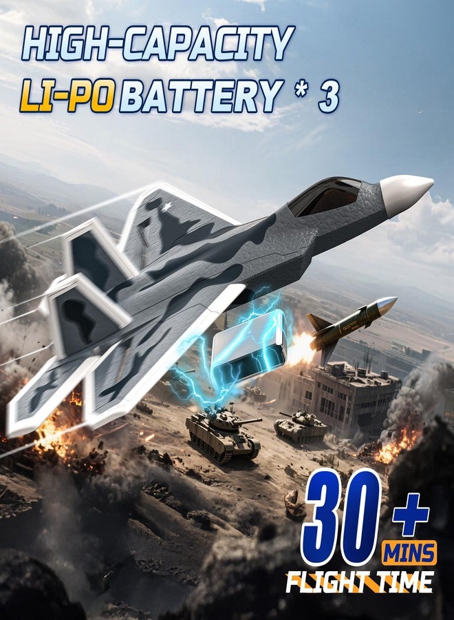 DEERC 2CH F22 Raptor RC Plane with Lights,Remote Control Airplane Fighter Toys,2.4GHz 6-axis Gyro Stabilizer RTF Glider Aircraft Jet Plane with 3 Batteries,Easy to Fly for Boys Adults - Image 2