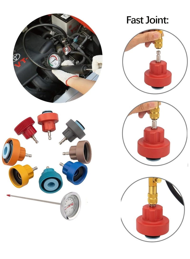 رينوفو مجموعة ادوات اختبار نظام تبريد السيارات 14 قطعة مع مجموعة ادوات اختبار ضغط المبرد مع مضخة يدوية من الالومنيوم ومحولات - Image 3