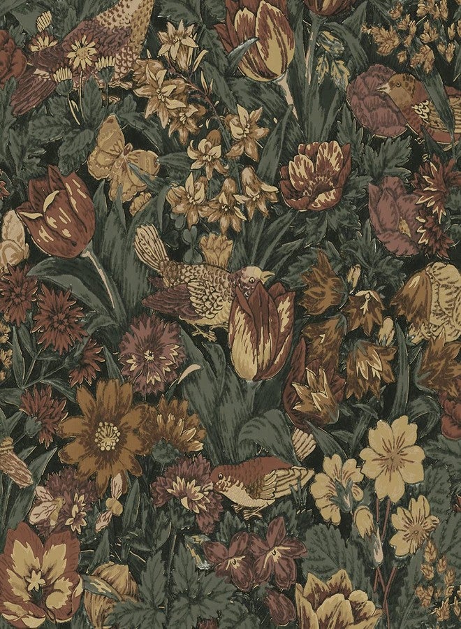 NextWall Bird Floral Vintage Peel and Stick Wallpaper (Mahogany & Graphite) - Image 1