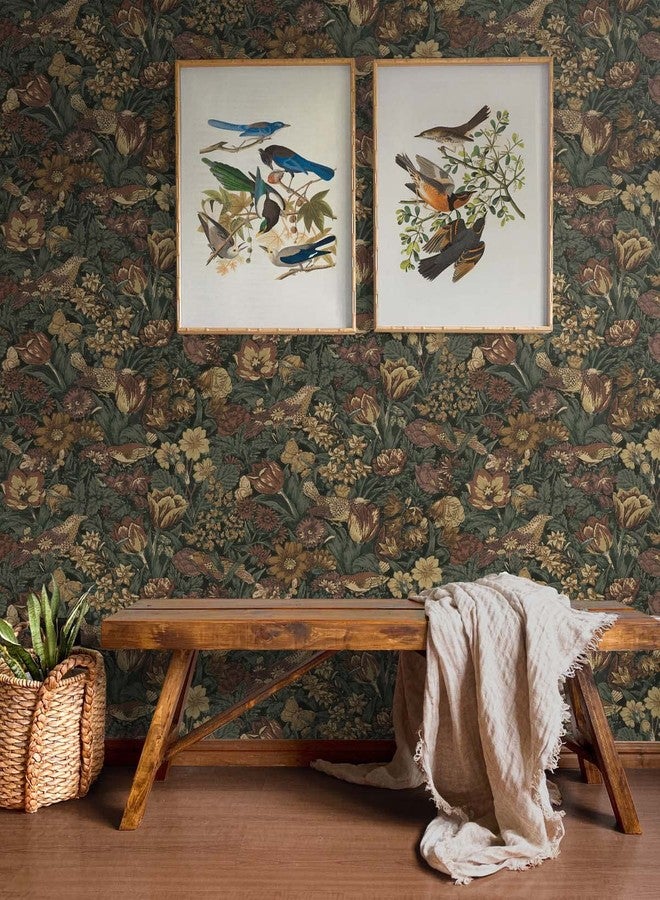 NextWall Bird Floral Vintage Peel and Stick Wallpaper (Mahogany & Graphite) - Image 2