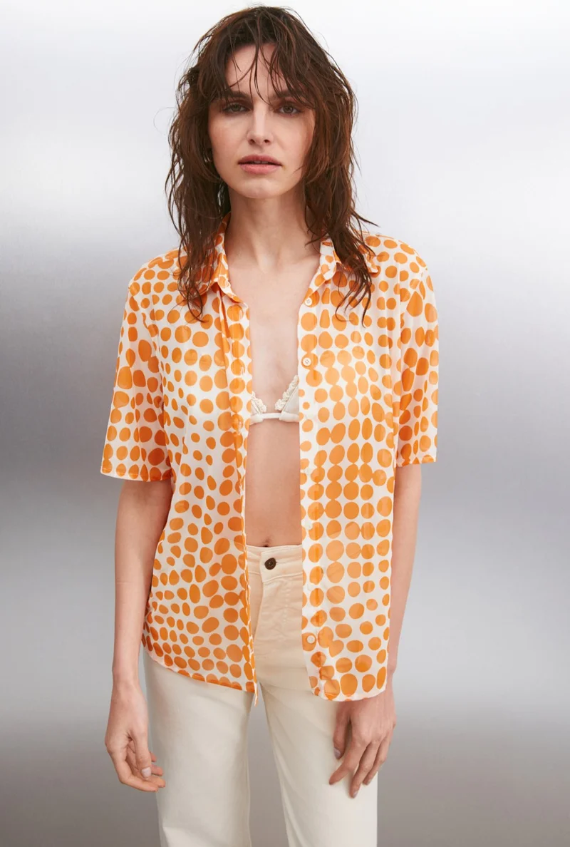 جريميلانج Enora Women's Short Sleeve Chiffon Orange / Patterned Shirt