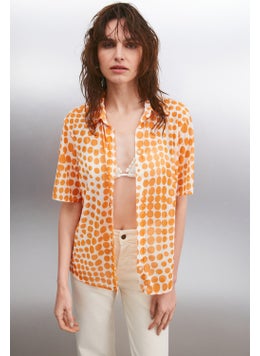 GRIMELANGE Enora Women's Short Sleeve Chiffon Orange / Patterned Shirt  - Image 3