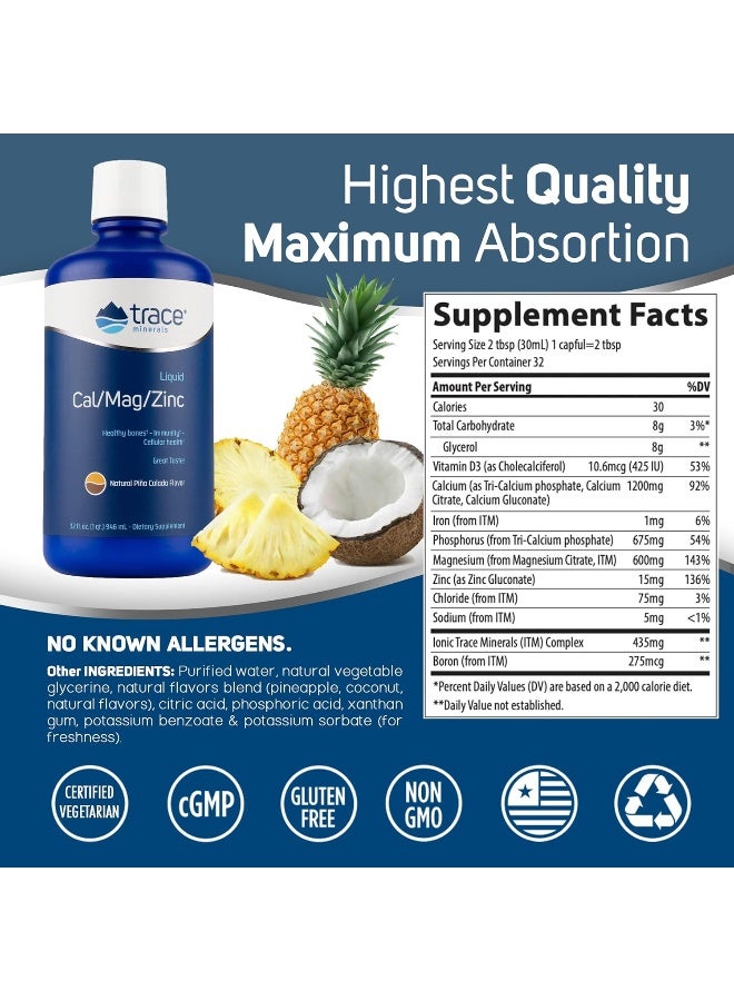 Trace Minerals Research مكمل سائل كالسيوم/ماغنيسيوم/زنك من تريس مينييرالز ريسيرش بنكهة بيينا كولادا الطبيعية، زجاجة سعة 32 أونصة - Image 3