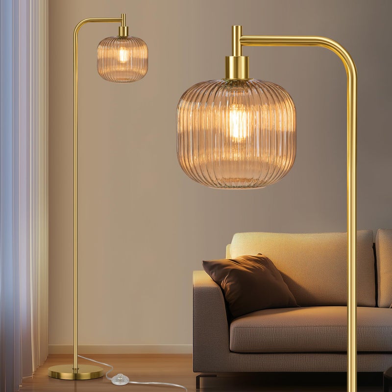 QiMH Glass Floor Lamp for Living Room, Modern Standing Lamp with Ribbed Champagne Glass Lampshade Pedal Switch, 67â€ Tall Lamp for Bedroom Study Room, Brushed Gold (2700K LED Bulb Included) - Image 1